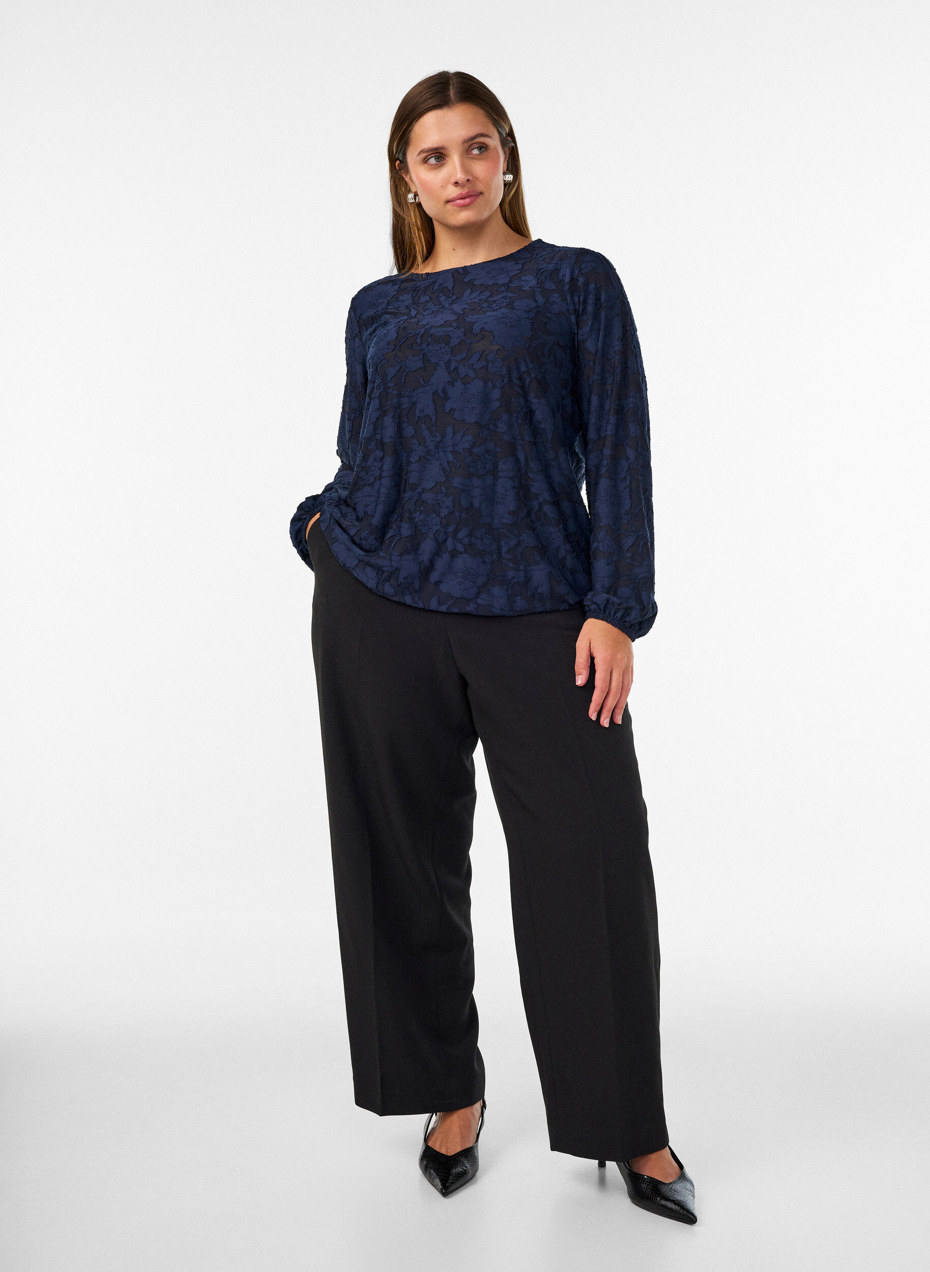 ZizzifashionSheer blouse with floral texture and long sleeves, Blue, Model image number 1