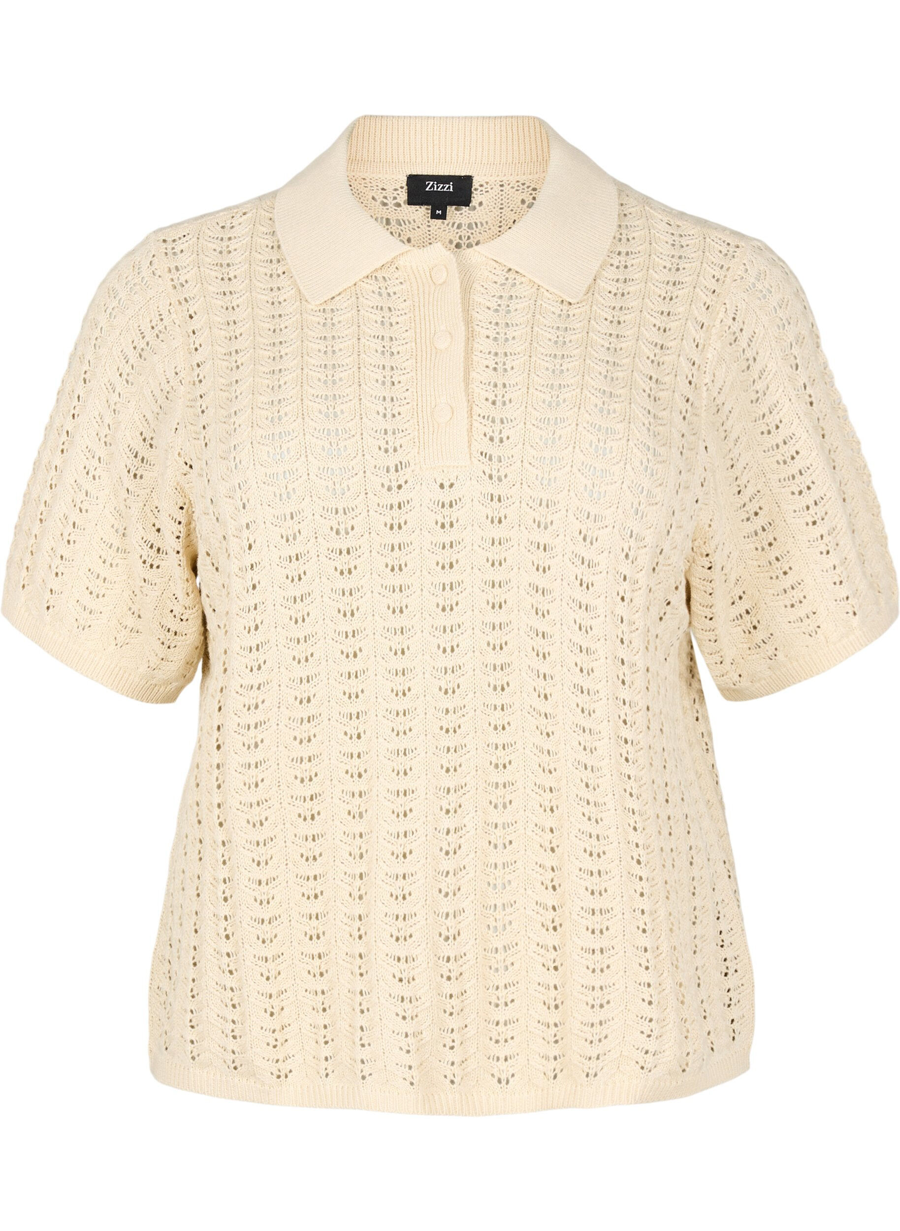 Zizzifashion Knitted polo shirt with eyelet pattern, Beige, Packshot image number 0