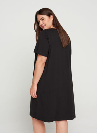 Short-sleeved cotton dress with pockets, Solid Black, Model image number 1