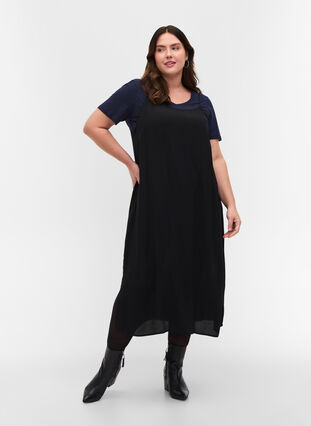 Viscose midi dress with thin straps, Black, Model image number 2