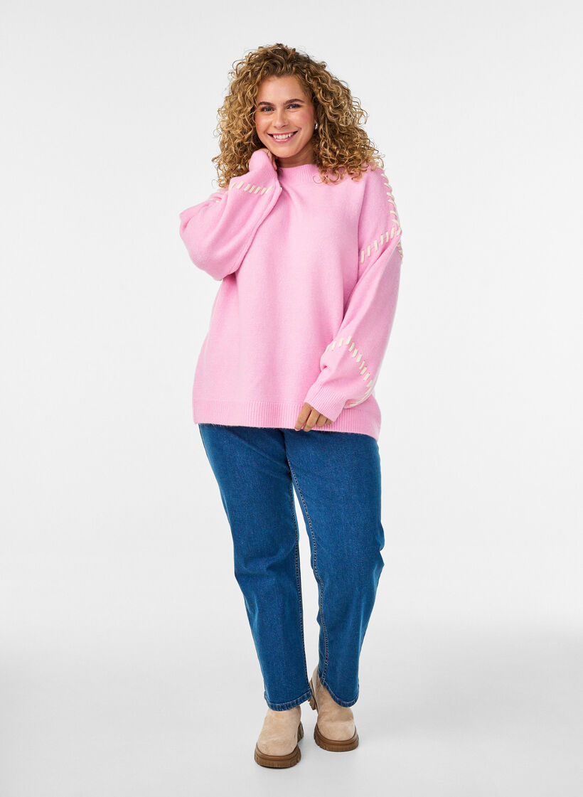 Jumper with decorative stitching, Pink, Model image number 1