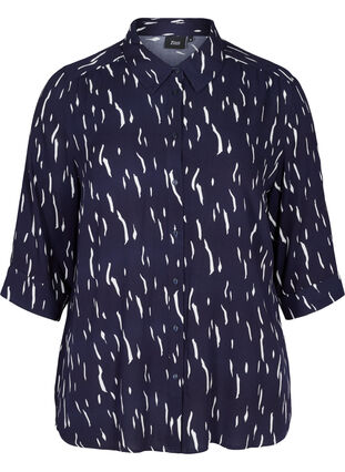 Printed viscose shirt with 3/4 length sleeves, Night Sky Rain, Packshot image number 0
