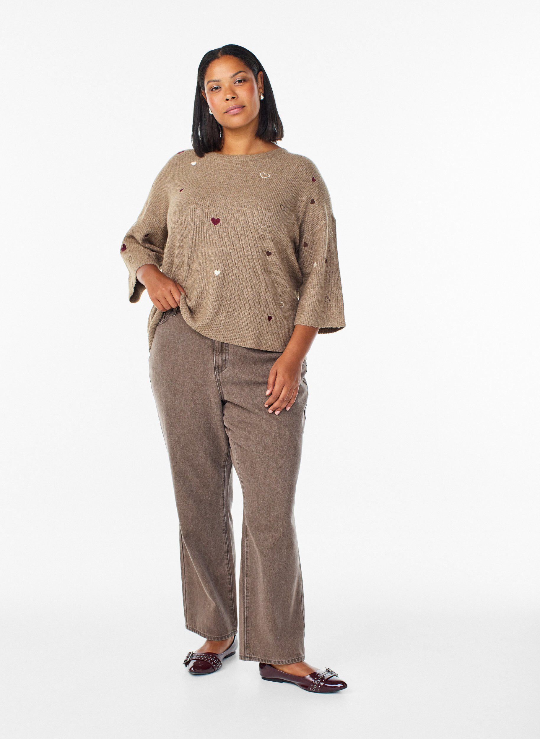 ZizzifashionJumper with hearts and 3/4 sleeves, Brown, Model image number 1