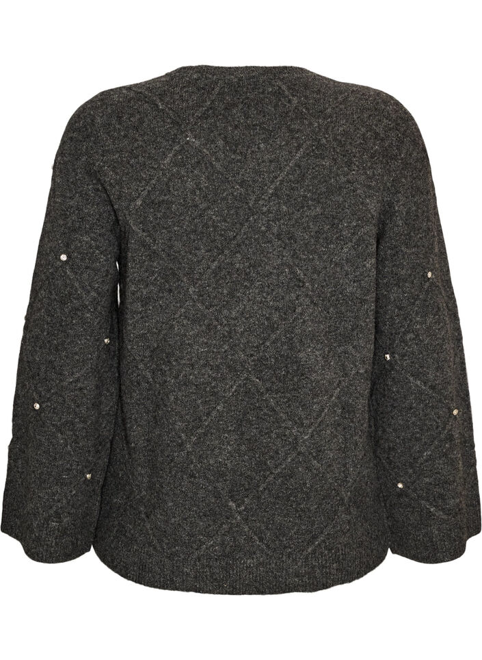 Knitted blouse with rhinestones and diamond pattern, Dark Grey, Packshot image number 1