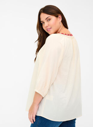 Cotton blouse with embroidery and 3/4 sleeves, Mother Of Pearl, Model image number 1