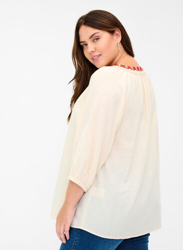 Cotton blouse with embroidery and 3/4 sleeves, Mother Of Pearl, Model image number 1