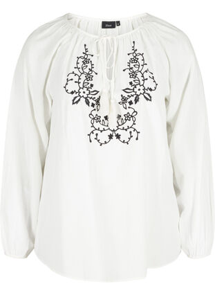 Cotton blouse with embroidery and tie detail, Snow White w. Black, Packshot image number 0