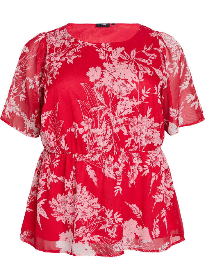Floral chiffon blouse with an elasticated waist, Red, Packshot image number 0