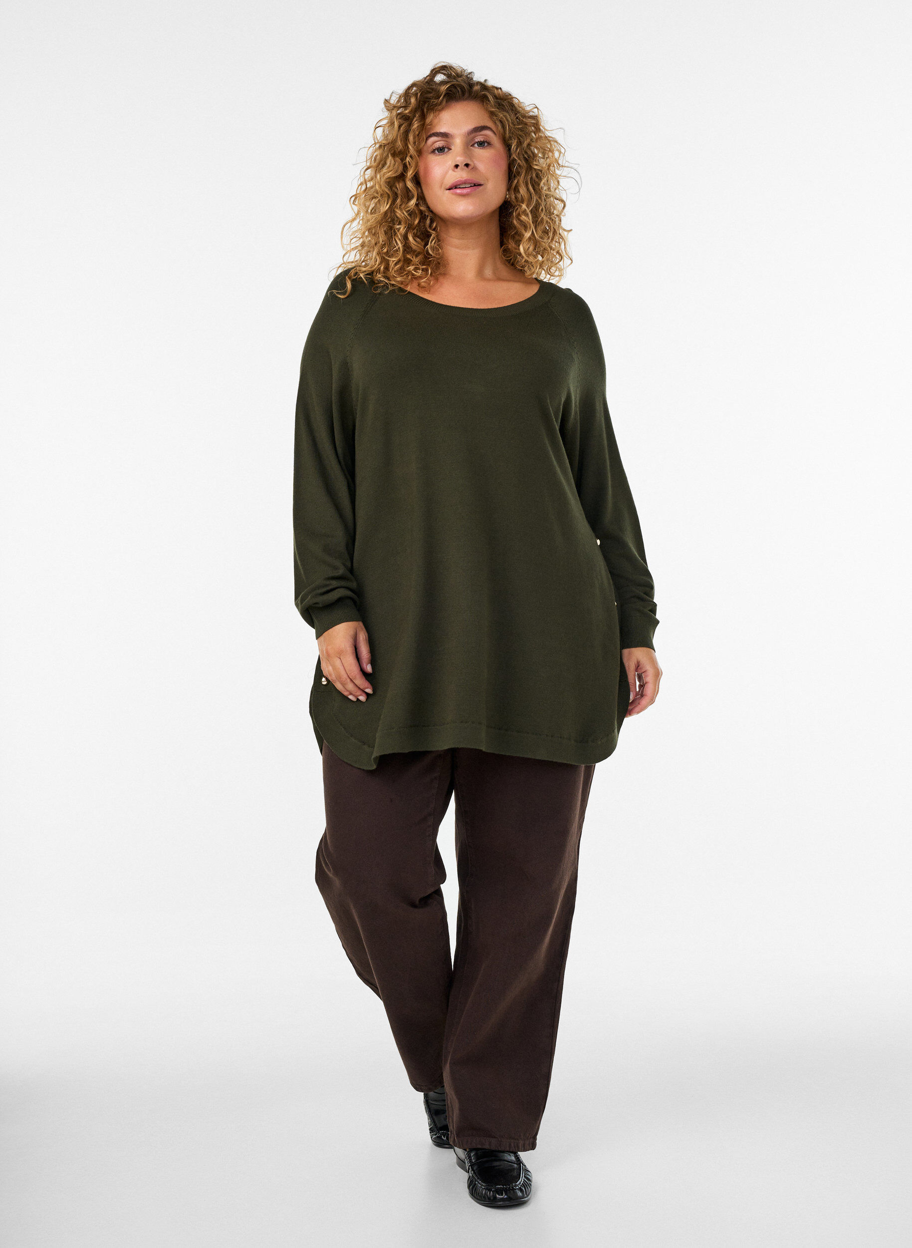 ZizzifashionKnitted blouse with side buttons, Green, Model image number 1