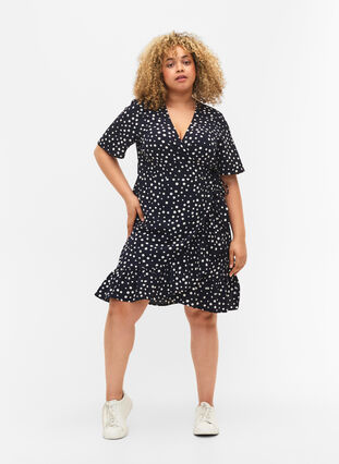 Dotted wrap dress with short sleeves, Night Sky Dot, Model image number 2