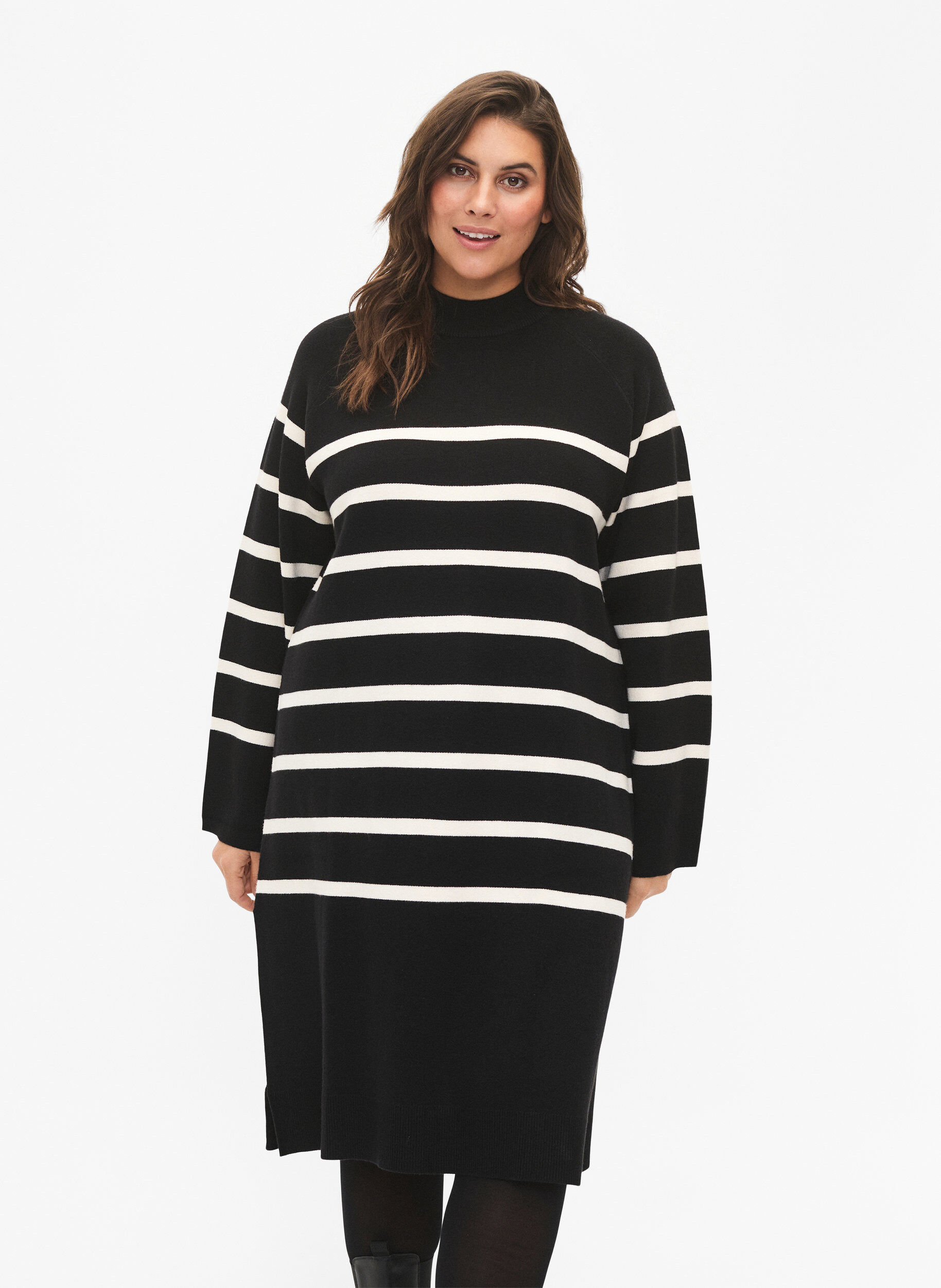 Zizzifashion Striped knit dress with turtleneck, Black Comb, Model image number 0