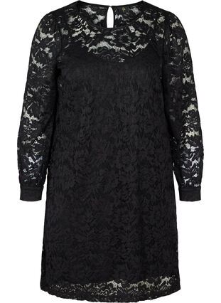 Long-sleeved lace dress with a round neck, Black, Packshot image number 0