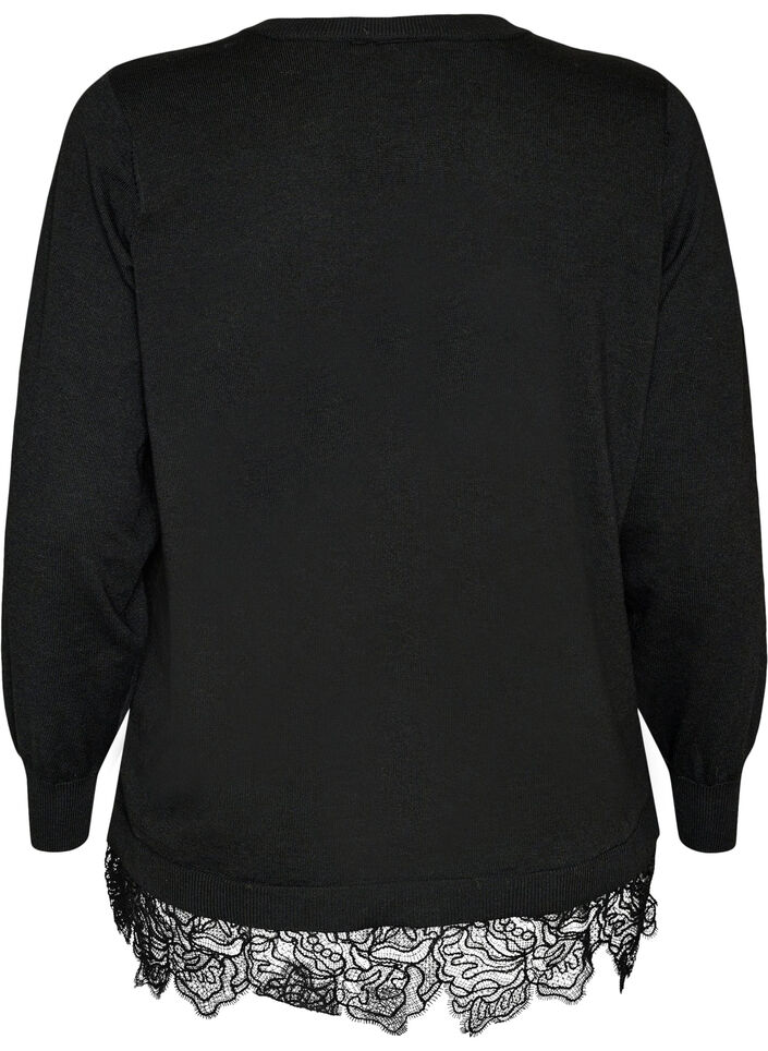 Cardigan with a wide lace hem, Black, Packshot image number 1