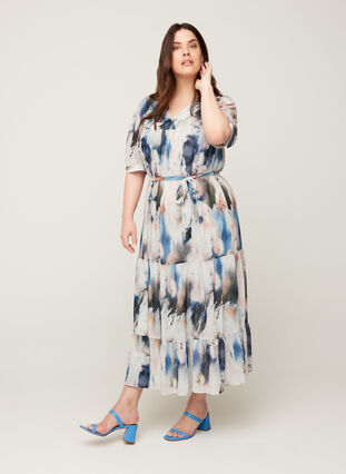 Printed maxi dress with a waist tie, Watercolor AOP, Model image number 0