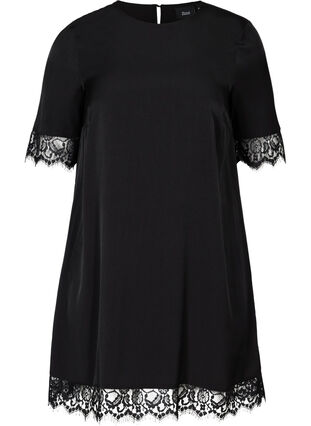 Short-sleeved dress with lace details, Black, Packshot image number 0