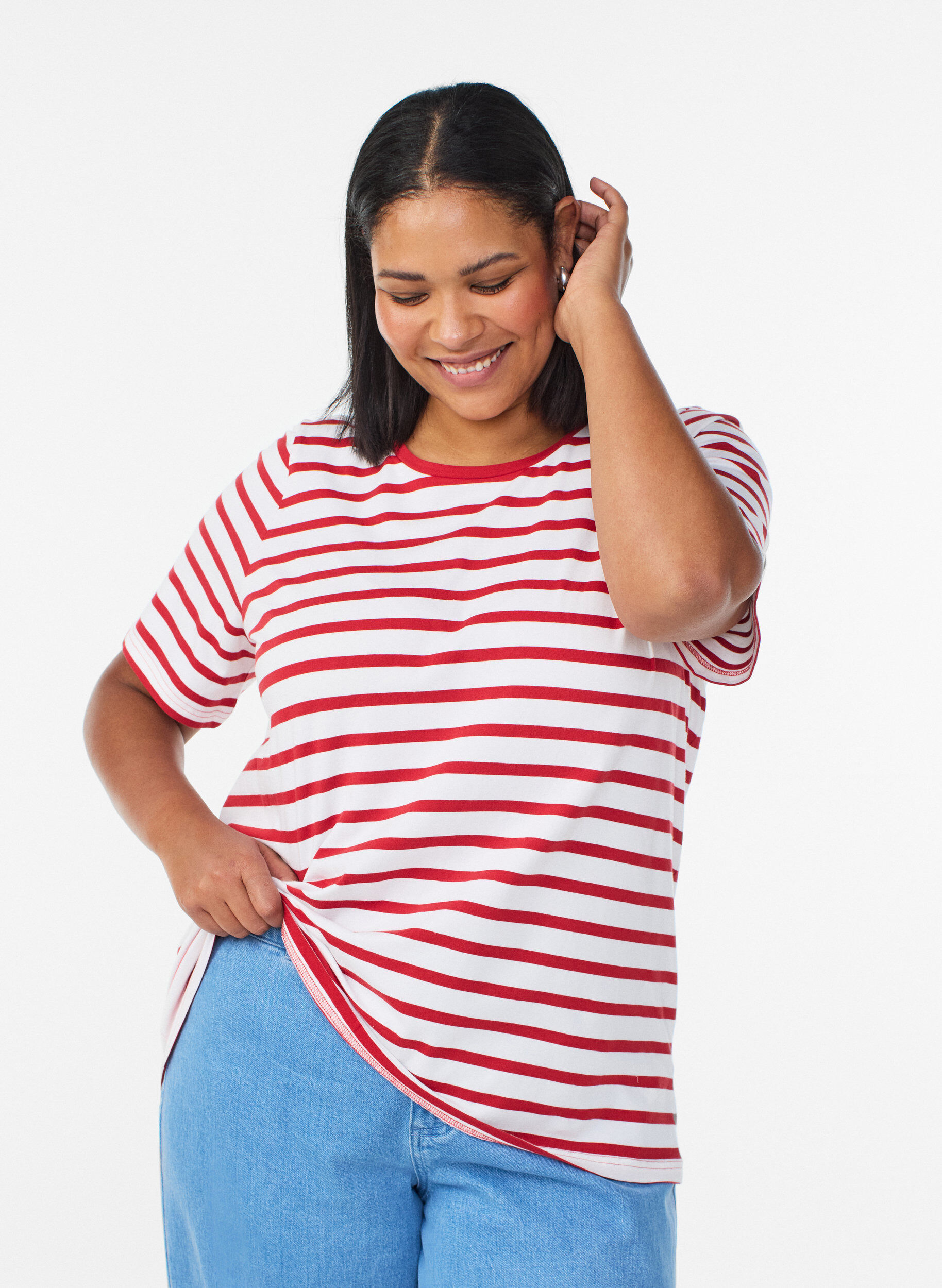 Striped T-shirt in organic cotton, Red, Model