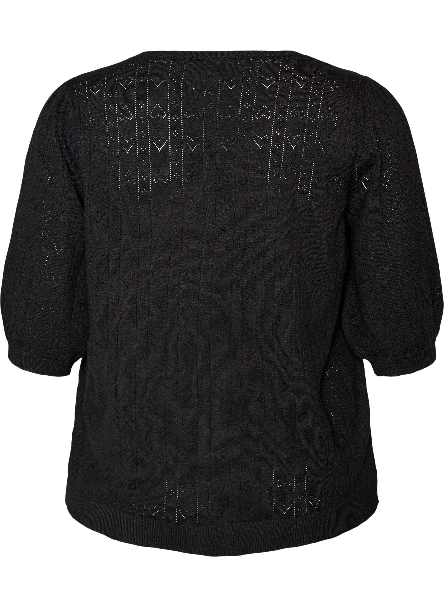 ZizzifashionShort-sleeved knit blouse with a pointelle pattern, Black, Packshot image number 1
