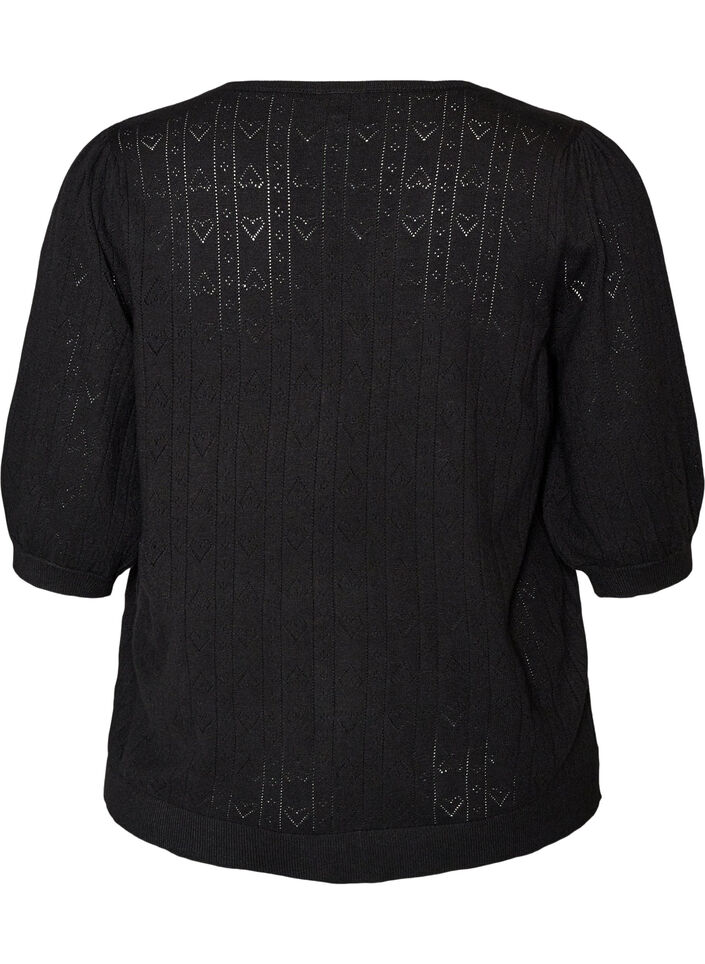 Short-sleeved knit blouse with a pointelle pattern, Black, Packshot image number 1
