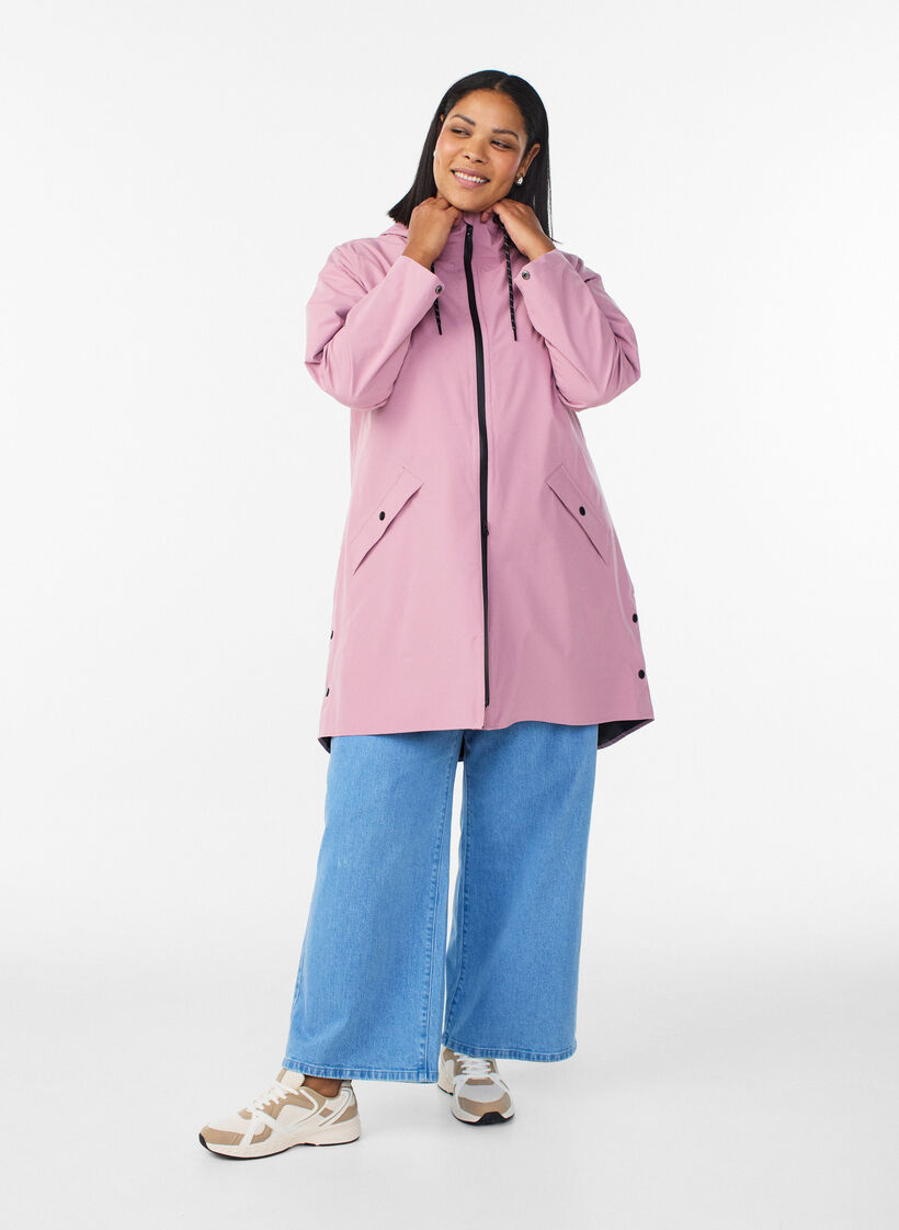 Rain jacket with pockets and a hood, Rose, Model