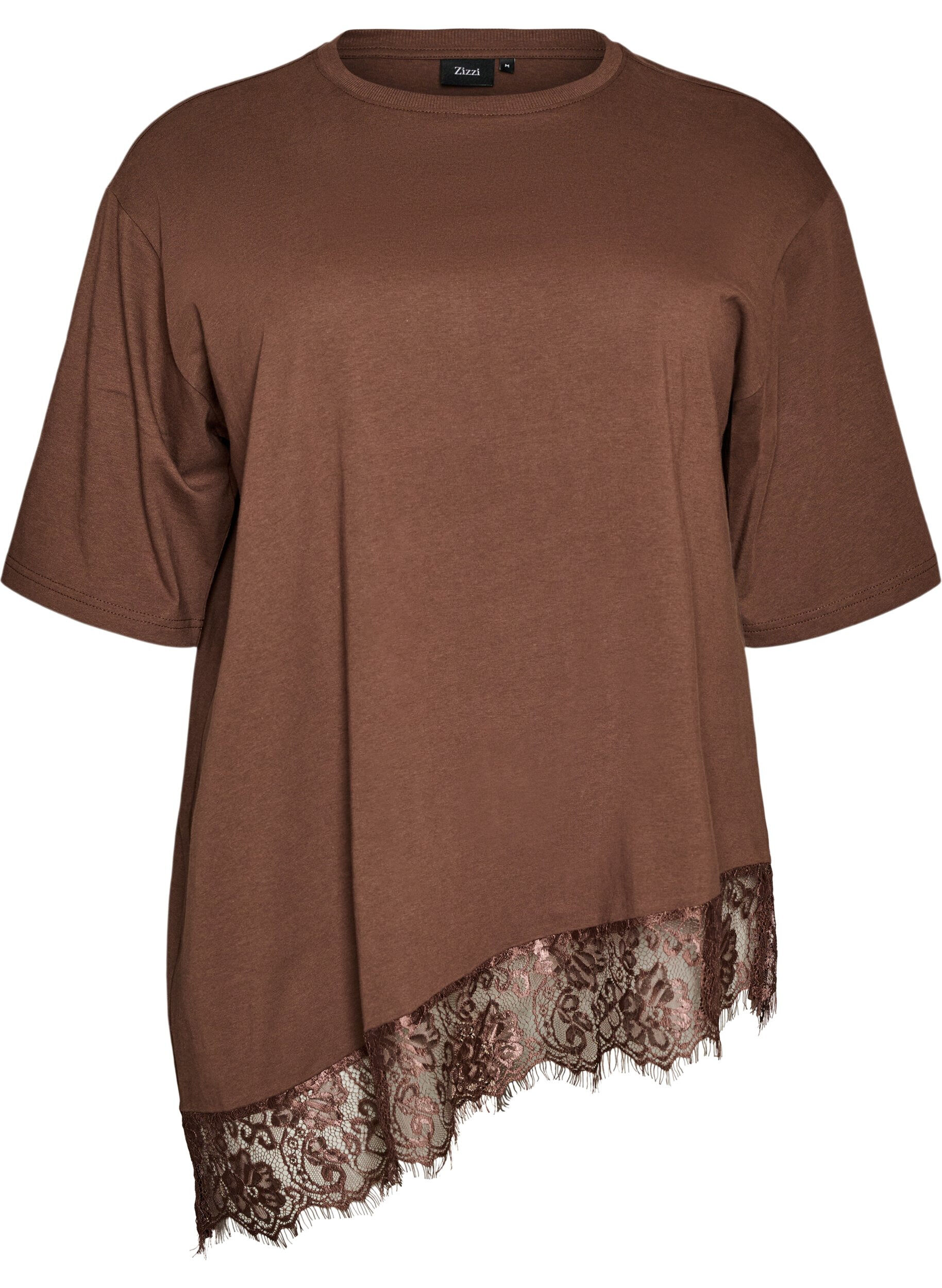 Zizzifashion T-shirt with asymmetric lace hem, Brown, Packshot image number 0
