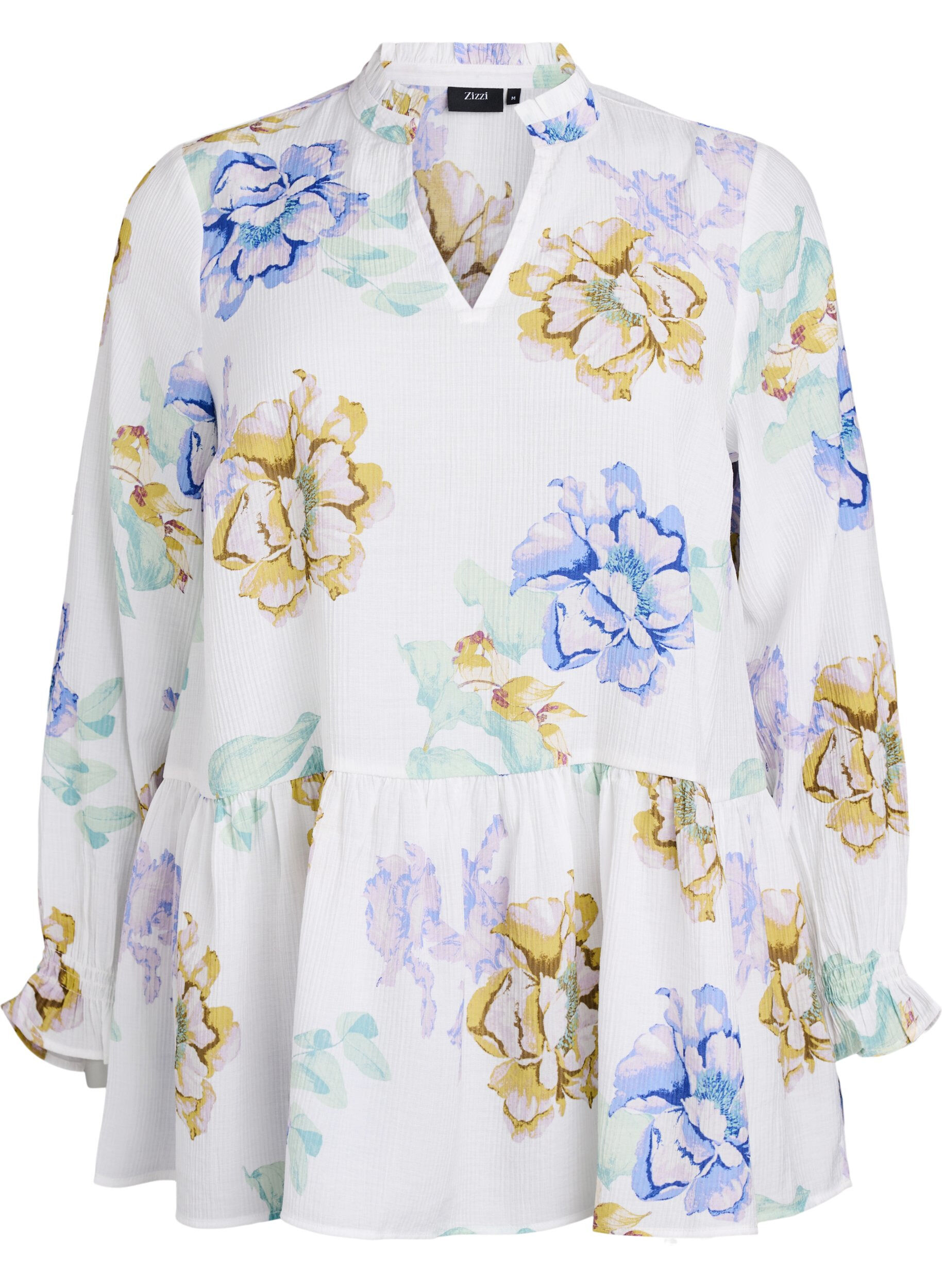 Pleated tunic with long sleeves and floral print