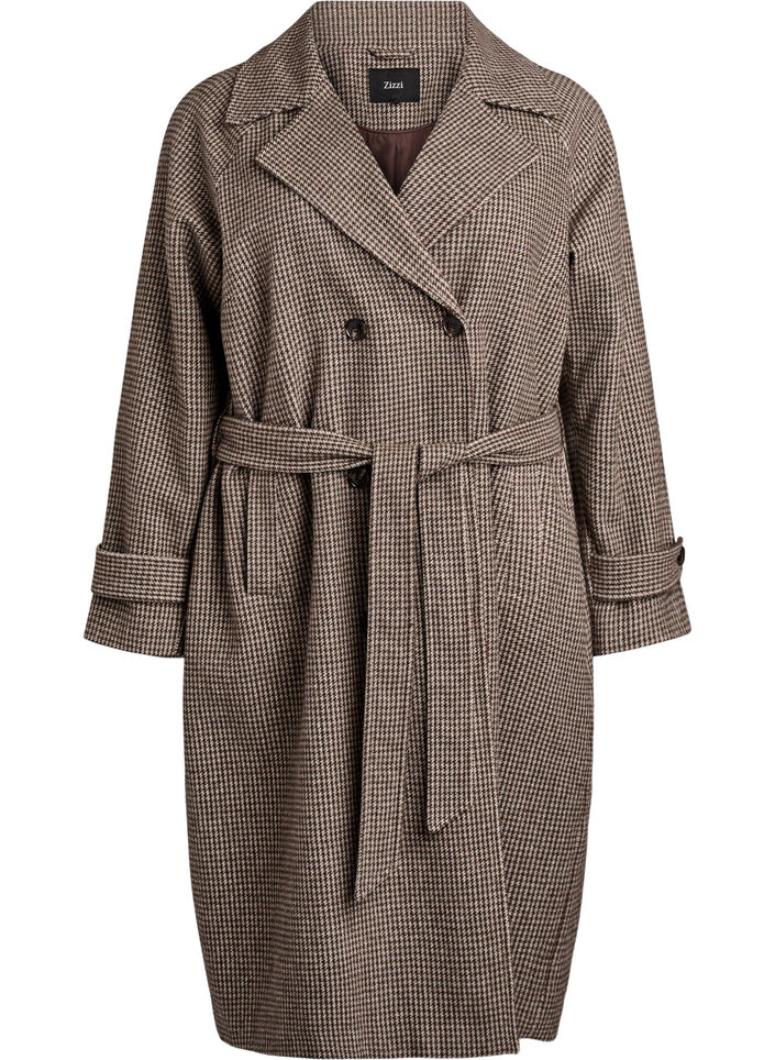 Checked coat with belt, Brown, Packshot image number 0