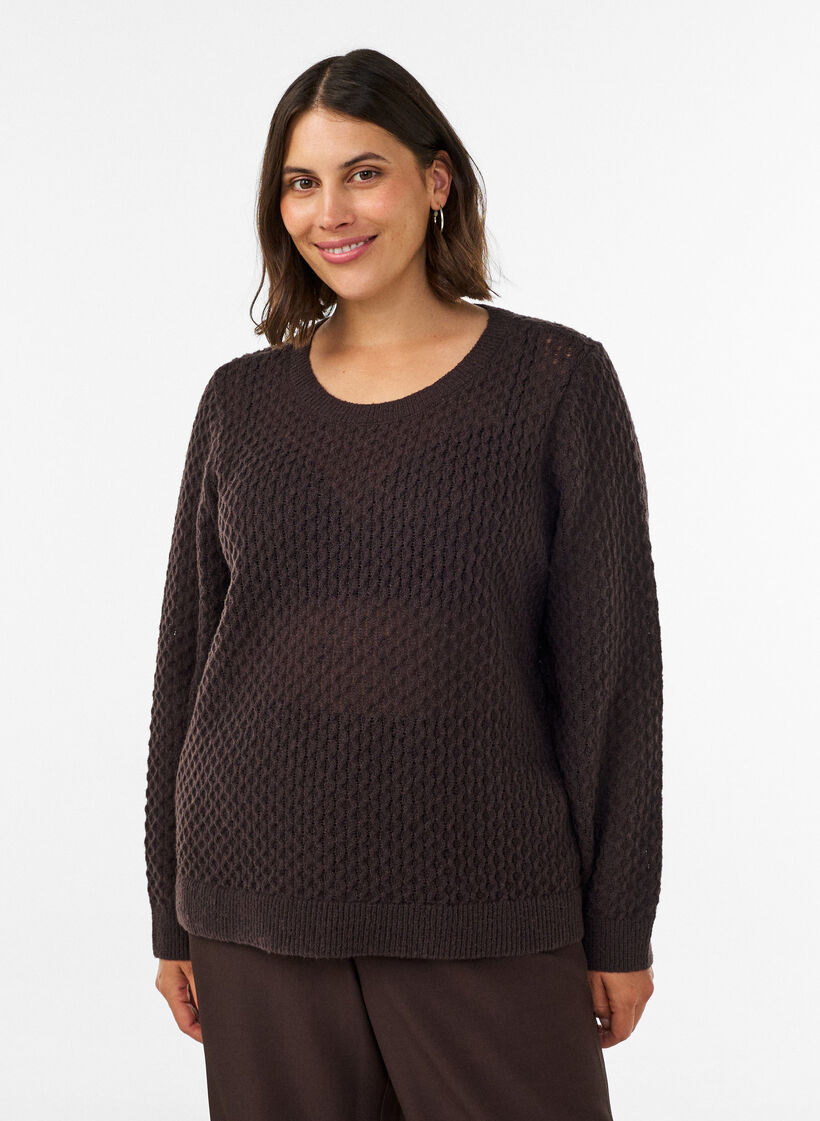 Knitted blouse with a textured openwork pattern, Brown, Model image number 0