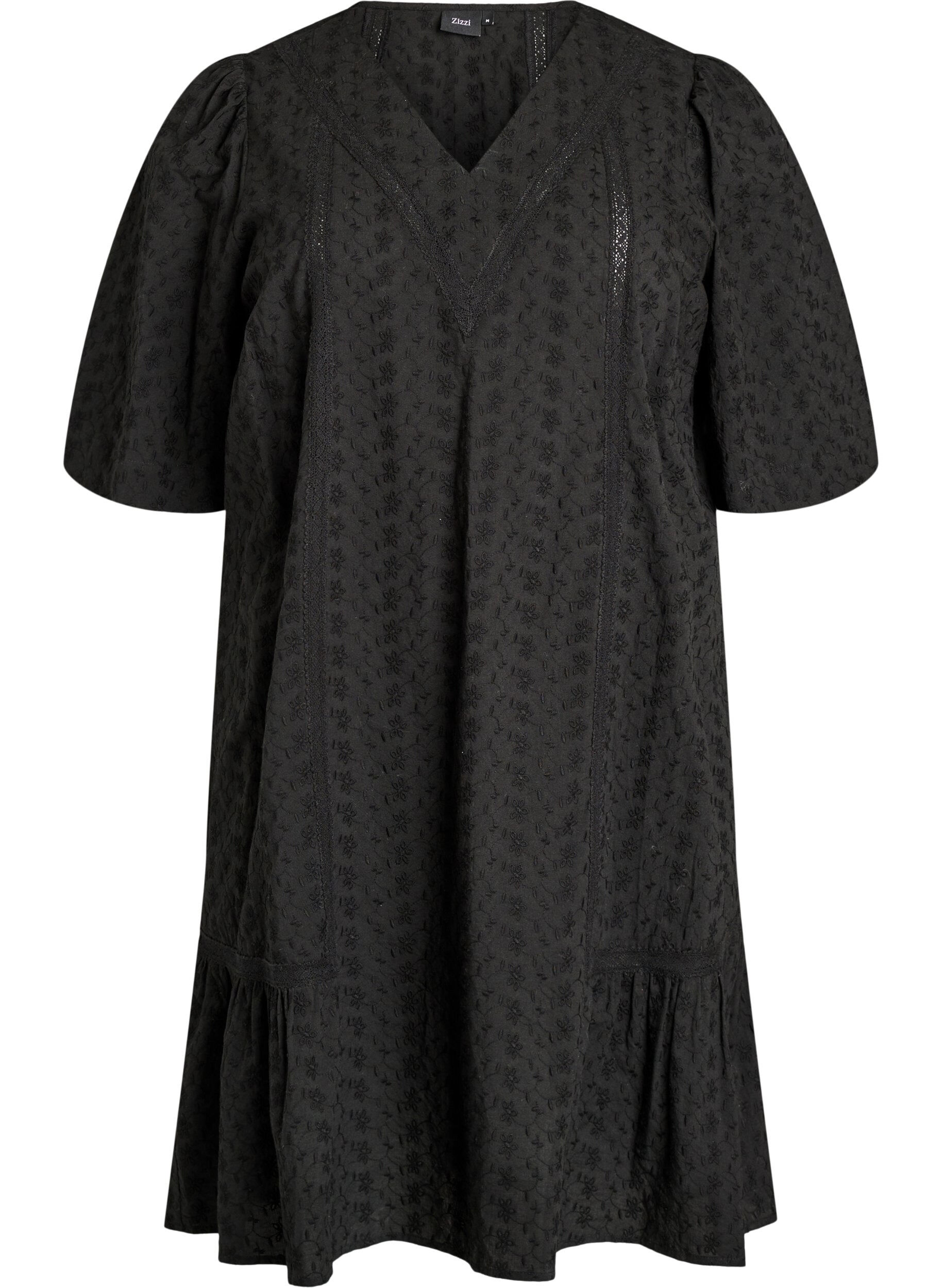 Zizzifashion Knee-length cotton dress with embroidery and a V-neck, Black, Packshot image number 0