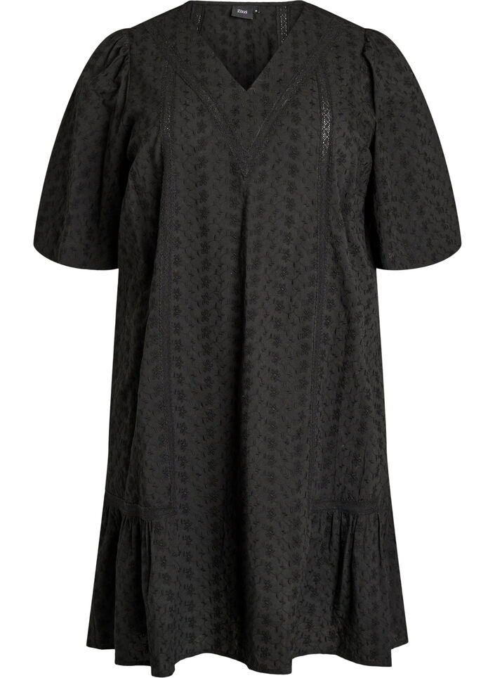 Knee-length cotton dress with embroidery and a V-neck, Black, Packshot image number 0