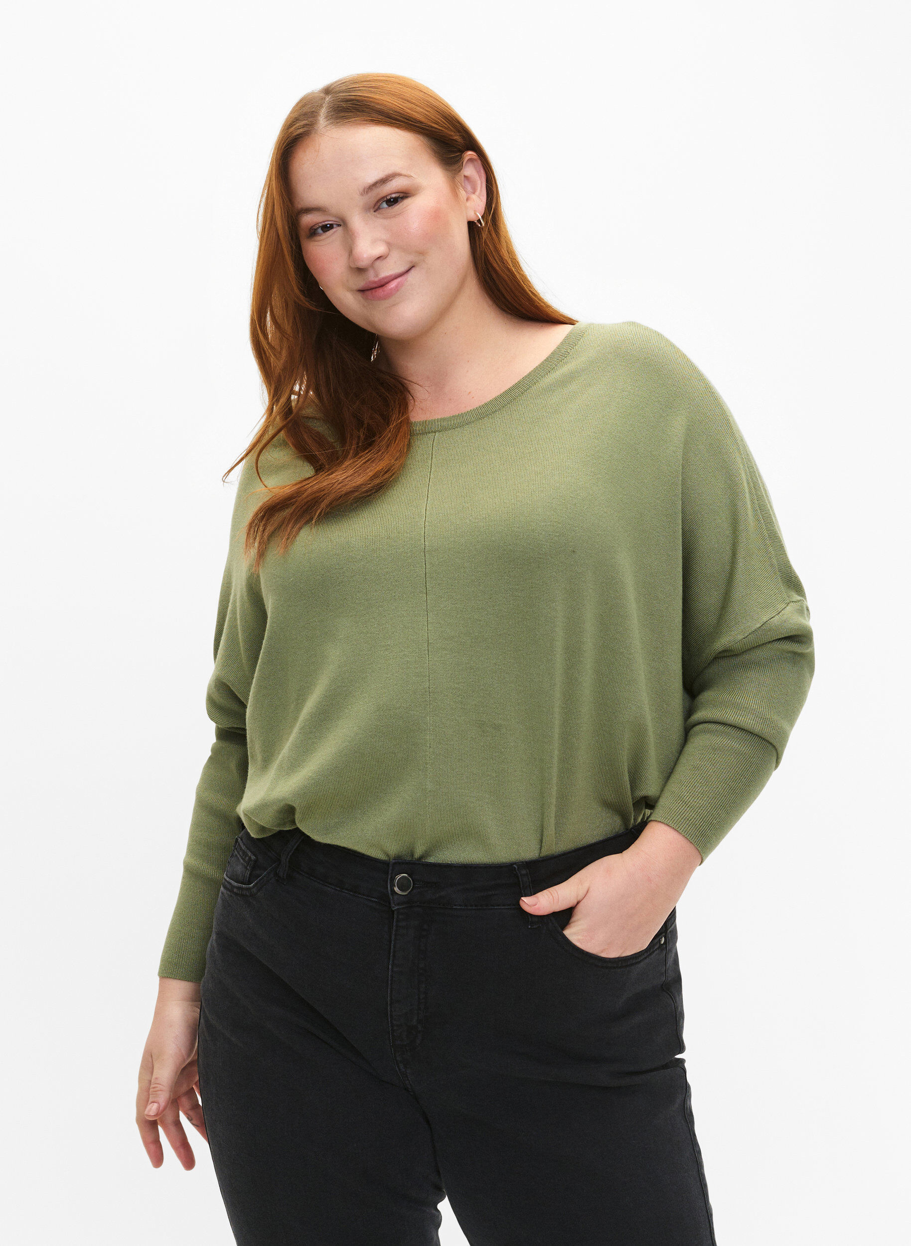 Zizzifashion Knitted tunic in viscose blend, Oil Green, Model image number 0