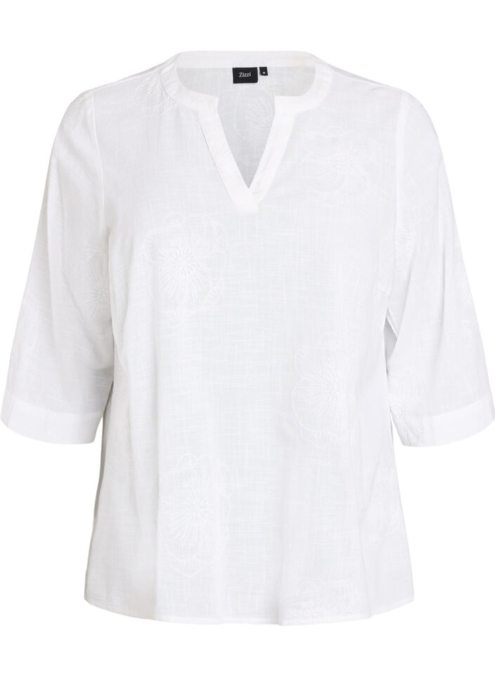 Cotton blouse with embroidered details and 3/4 sleeves, White, Packshot image number 0