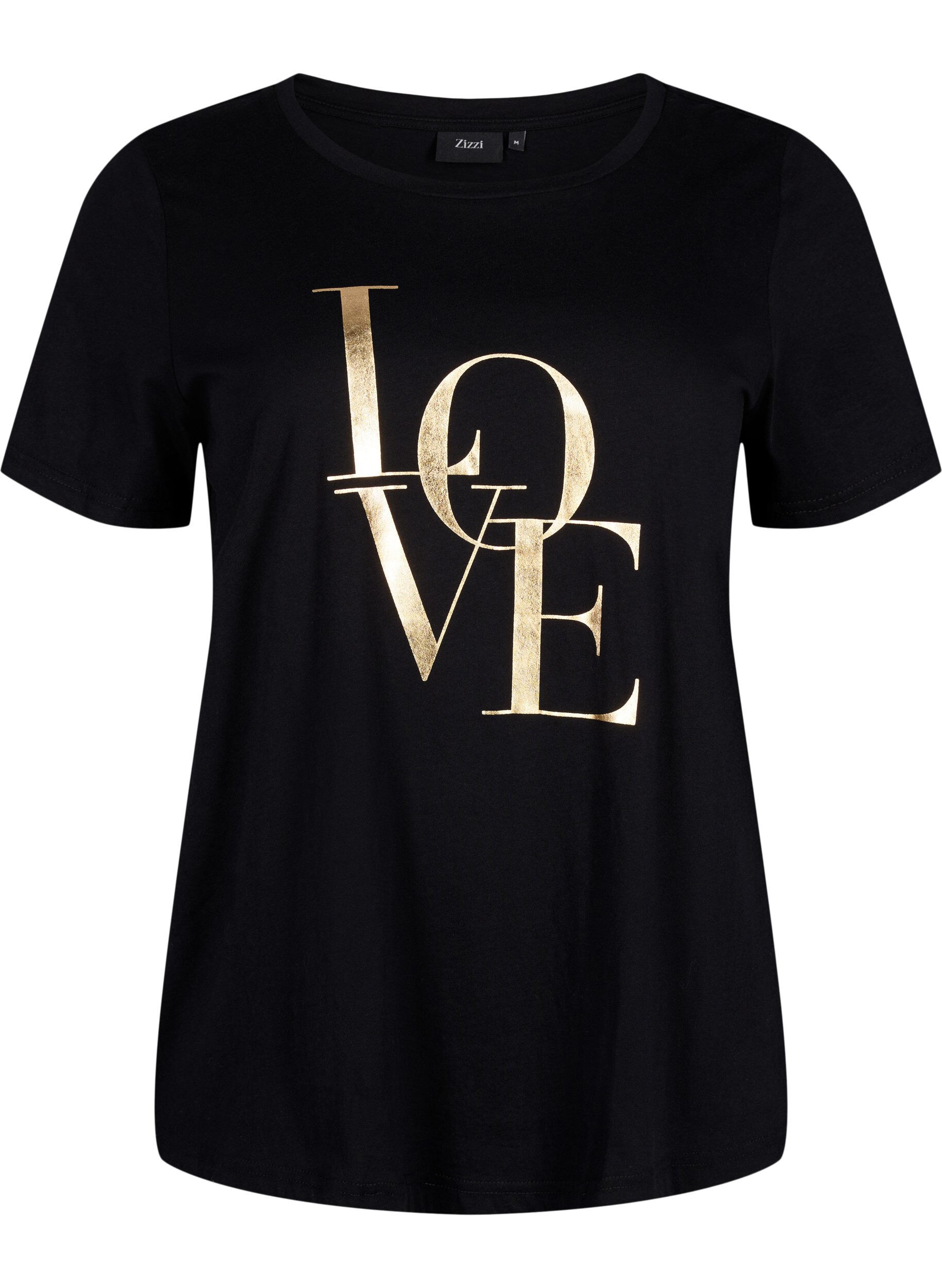 Zizzifashion Cotton T-shirt with gold-colored text, Black w. Gold Love, Packshot image number 0