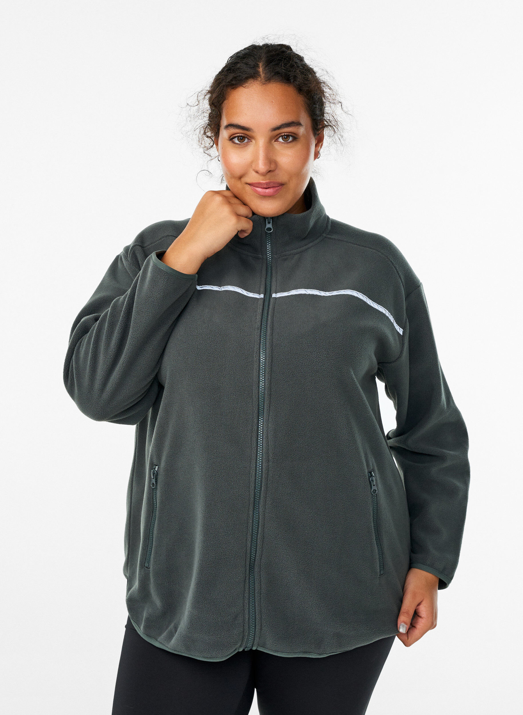 Fleece jacket with zip and reflective tape, Green, Model