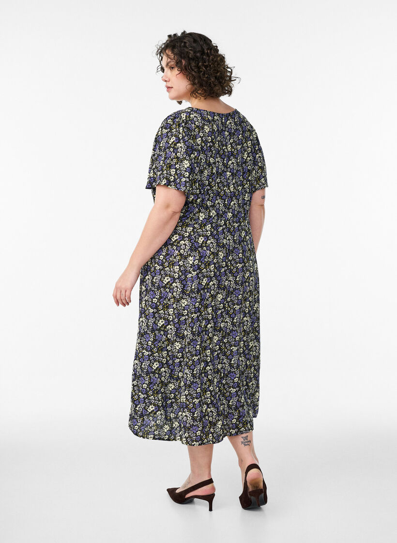 Viscose midi dress with a floral print, Black, Model image number 1