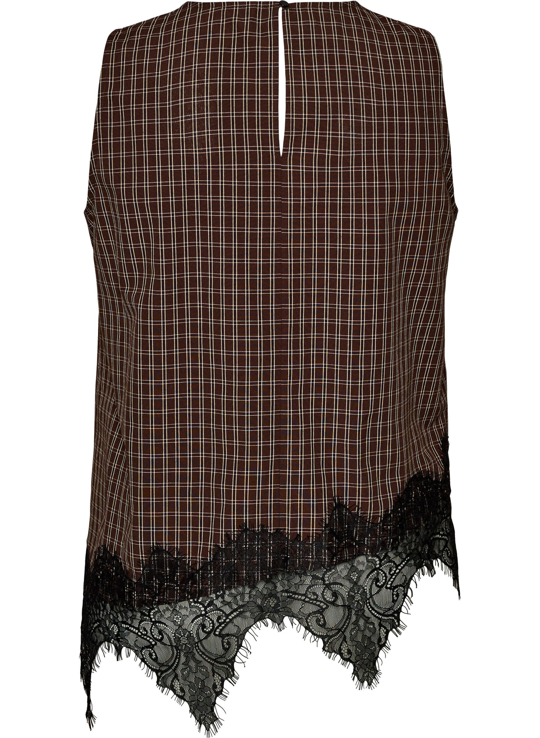 ZizzifashionChecked top with asymmetric lace trim, Brown, Packshot image number 1