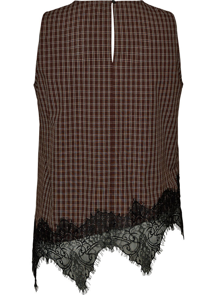 Checked top with asymmetric lace trim, Brown, Packshot image number 1
