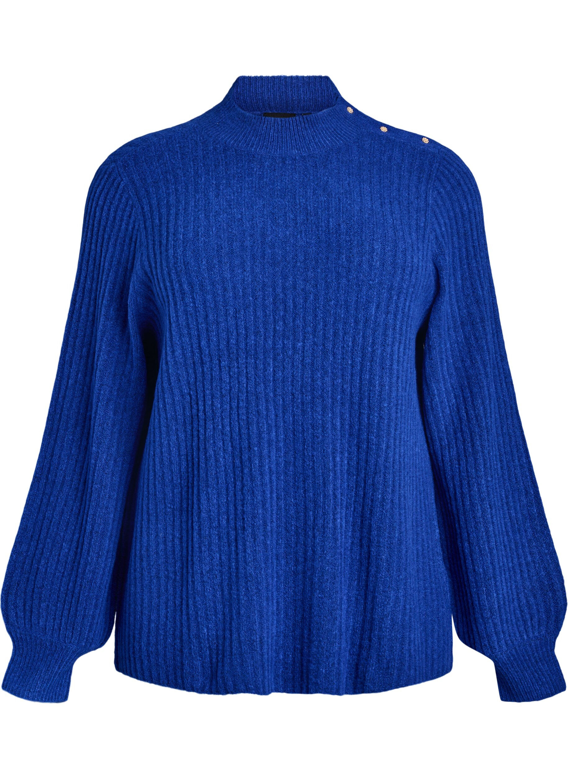ZizzifashionRibbed jumper with puff sleeves and buttons, Blue, Packshot image number 0