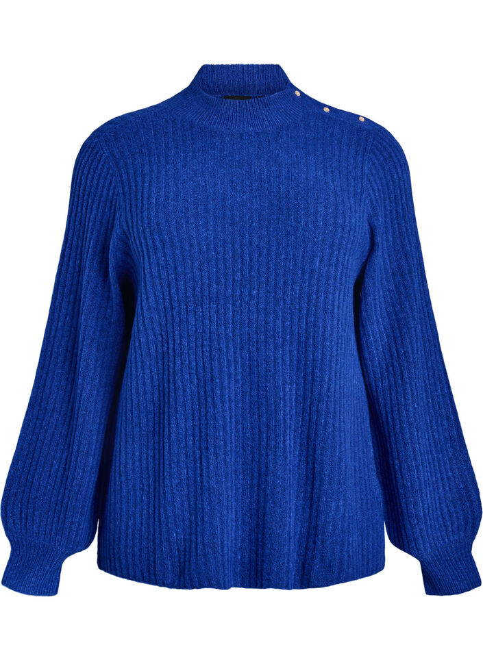 Ribbed jumper with puff sleeves and buttons, Blue, Packshot image number 0