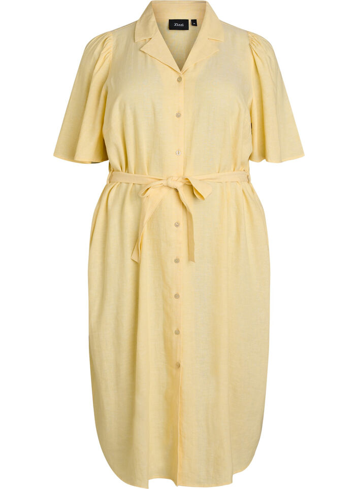 Shirt dress in linen and viscose with a tie belt, Yellow, Packshot image number 0