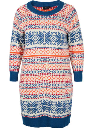 Patterned knitted dress with a round neck and long sleeves, Night Sky Comb, Packshot image number 0