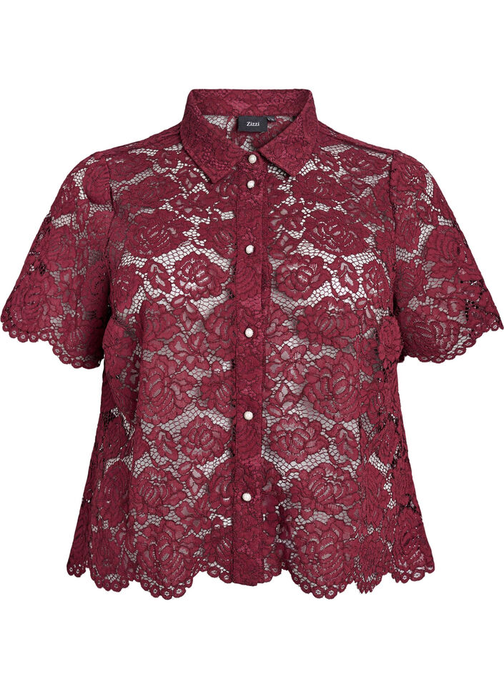 Lace shirt blouse with pearl buttons, Dark Bordeaux, Packshot image number 0