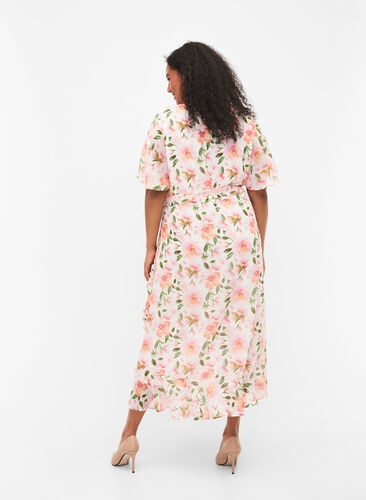 Short sleeve midi dress with floral print, White w. Pink Flower, Model image number 1