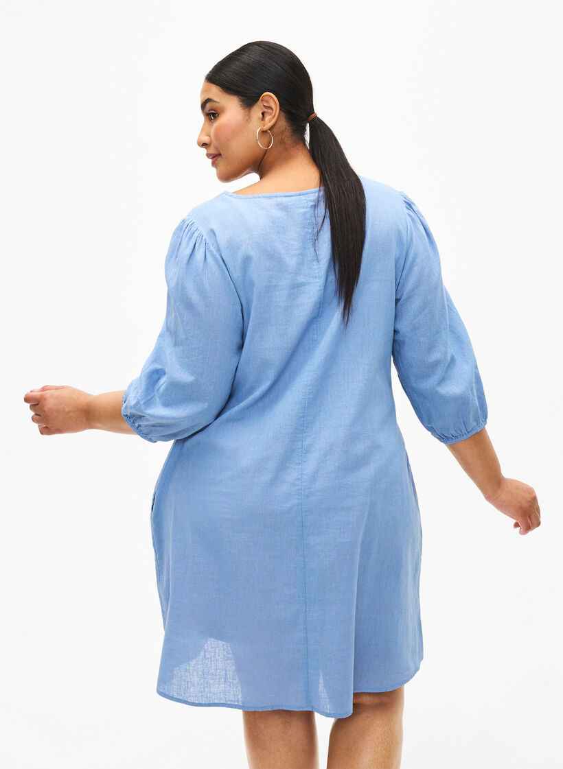 Cotton blend short dress with linen, Faded Denim, Model image number 1