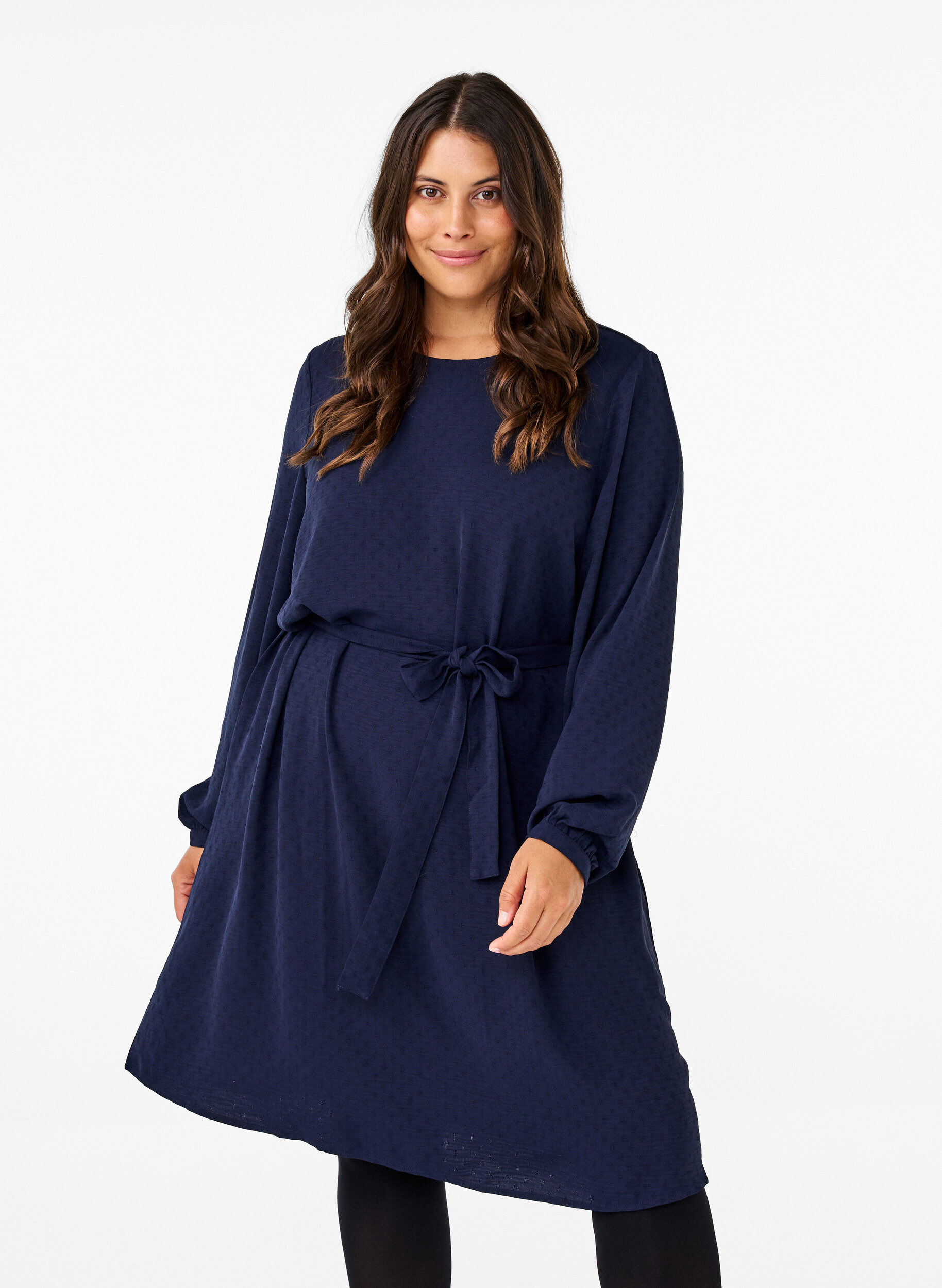Zizzifashion Short textured dress with a tie belt, Navy Blazer, Model image number 0