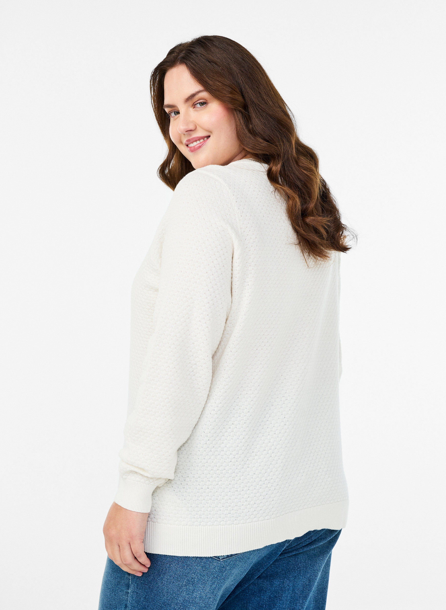 Zizzifashion Knit blouse in cotton with textured pattern, Vanilla, Model image number 2