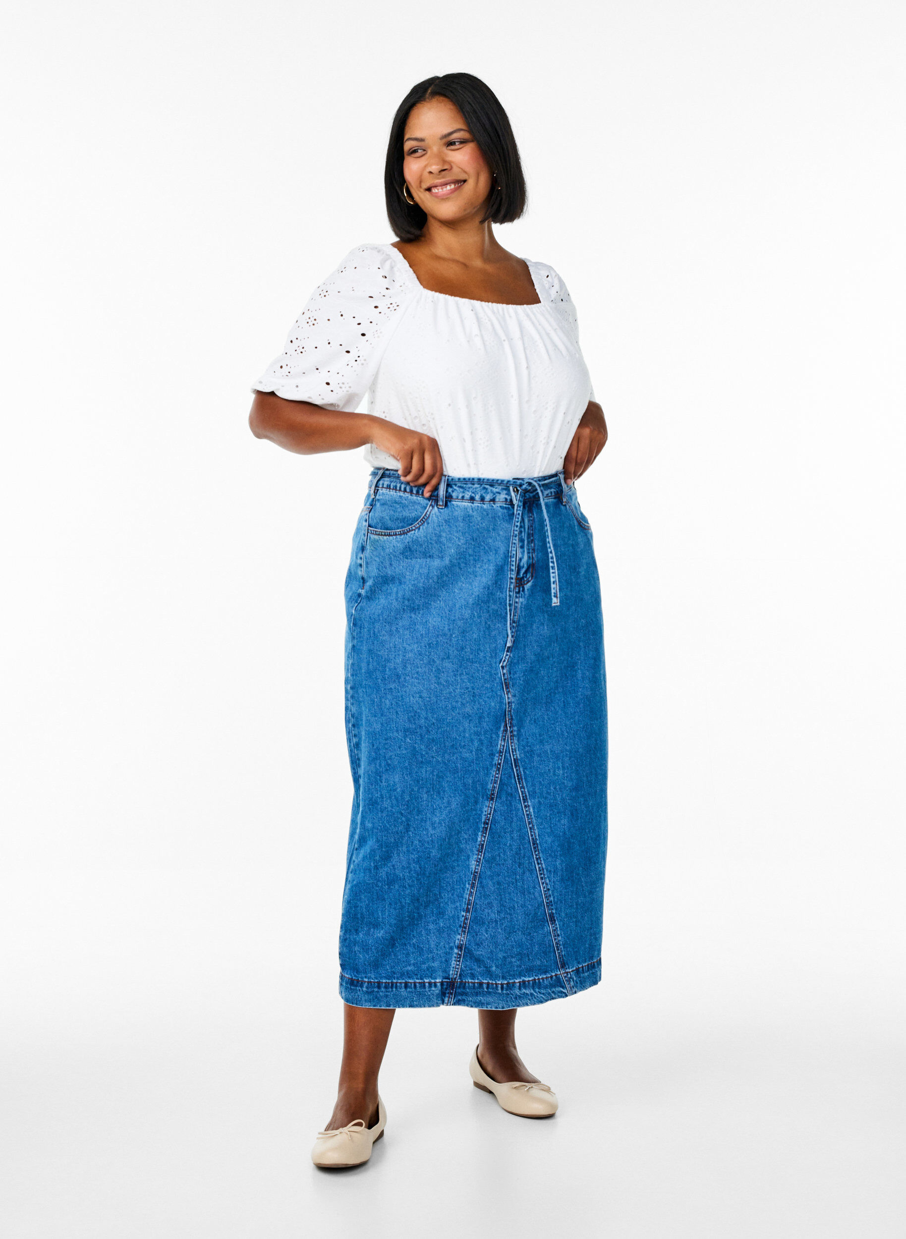 Denim maxi skirt with tie belt, Blue Denim, Model