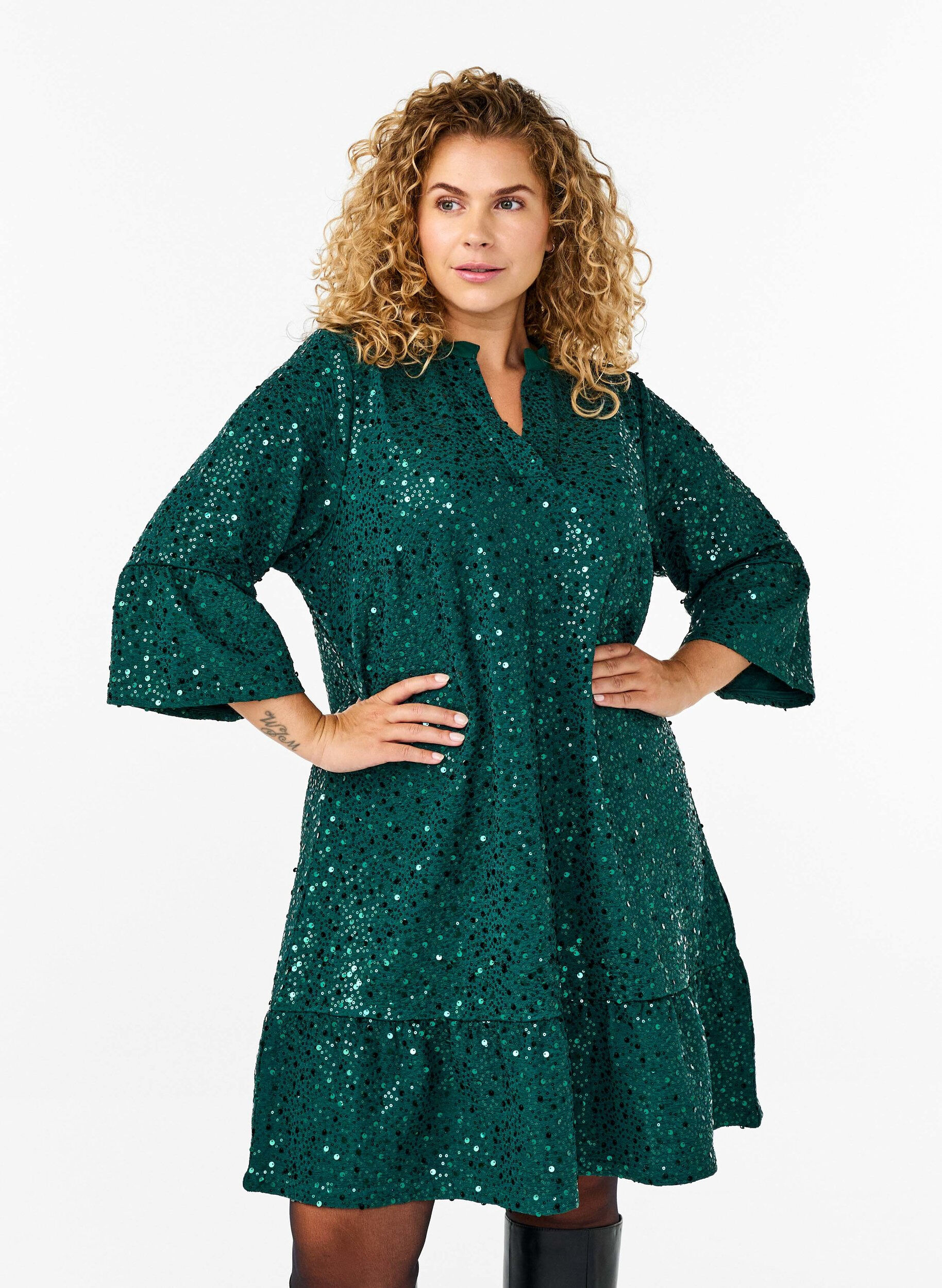 Zizzifashion Sequin dress with a V-neck and 3/4 sleeves, Rain Forest, Model image number 0