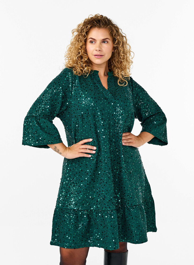 Sequin dress with a V-neck and 3/4 sleeves, Rain Forest, Model image number 0