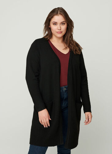 Long knitted cardigan with pockets, Black, Model image number 0