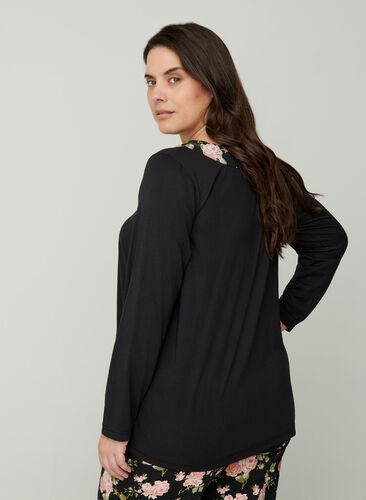 Long-sleeved cotton pyjama top, Black w. Flower, Model image number 1